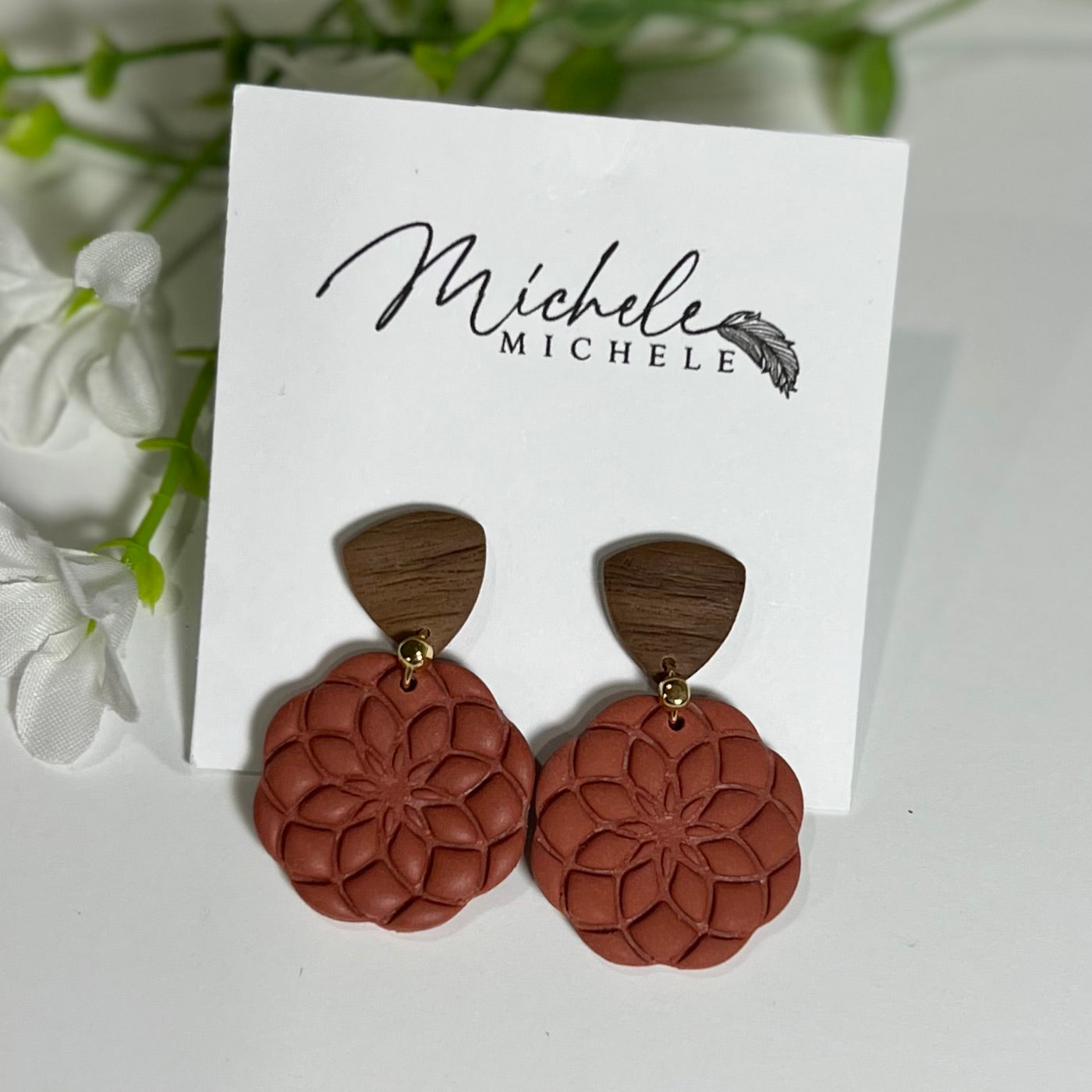 Mandala Flower Faux Wood Earrings